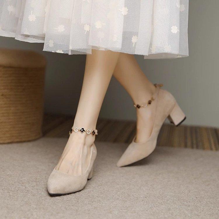 Pearl one-word belt high heels, new autumn design temperament with skirt thick heel medium heel single shoes