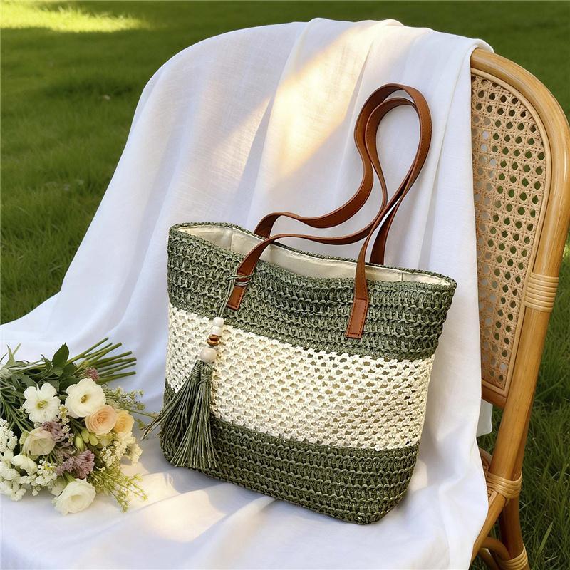 Geantă de plajă din paie țesută pentru femei, geantă de mână de vară, geantă de umăr din ratan natural, geantă stil casual de vacanță
