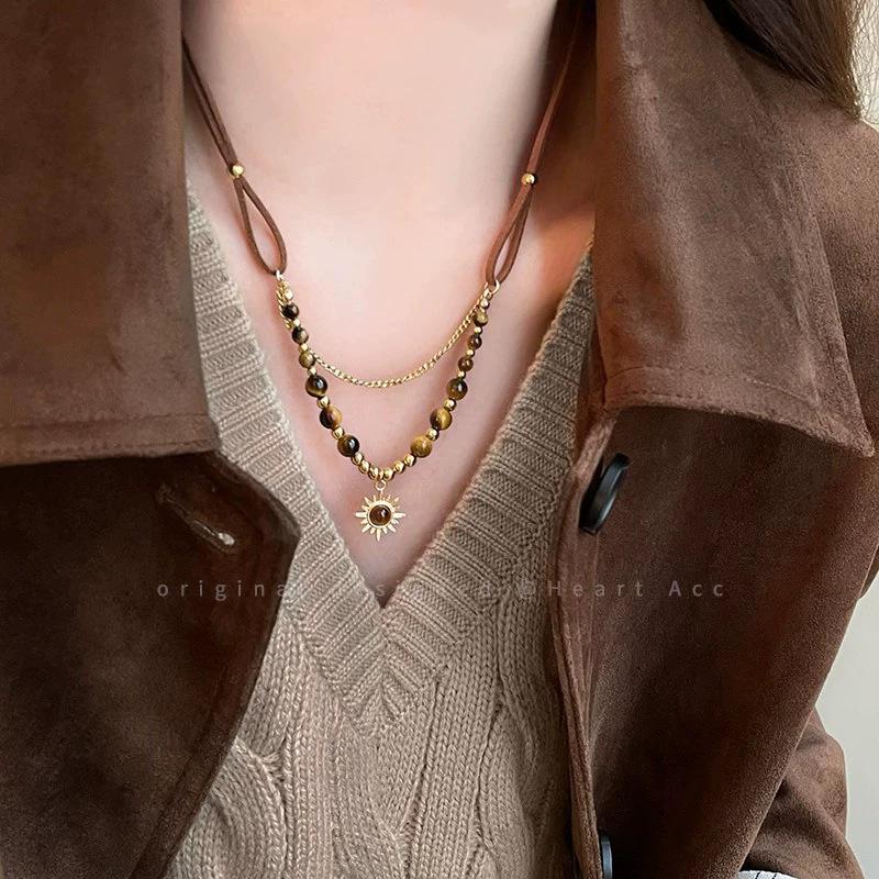 Vintage Tigerauge Geometrischer Anhänger Halskette Maillard Pullover Kette Design-Sinn Artikel