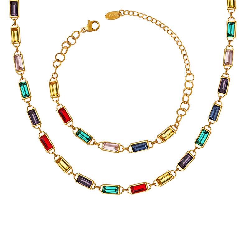 Colorful Retro Rhinestone Patchwork Necklace & Colorfast Bracelet - Simple Titanium Steel Dopamine Jewelry