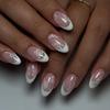 24Pcs White Flower Short Almond Press On Nails Glossy Blue French Tip Acrylic Full Cover Fake Nails Art Set For Women Girls