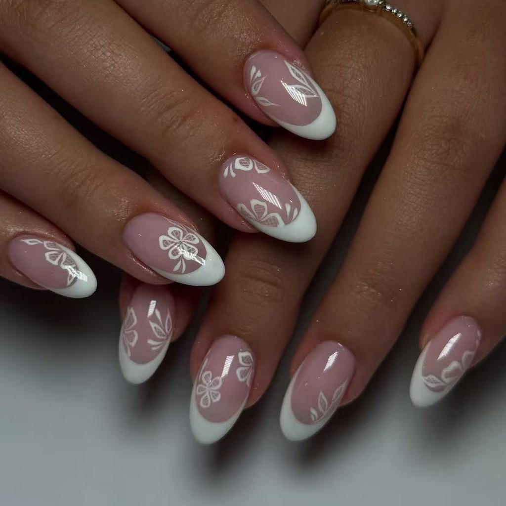 24Pcs White Flower Short Almond Press On Nails Glossy Blue French Tip Acrylic Full Cover Fake Nails Art Set For Women Girls