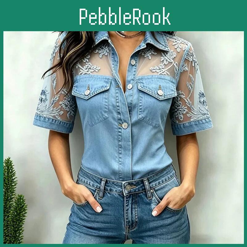 Lace Sheer Denim Blouse Mesh Shirt For Women Short Sleeve Button Down Blouse Floral Embroidery Casual Elegant Summer Tops