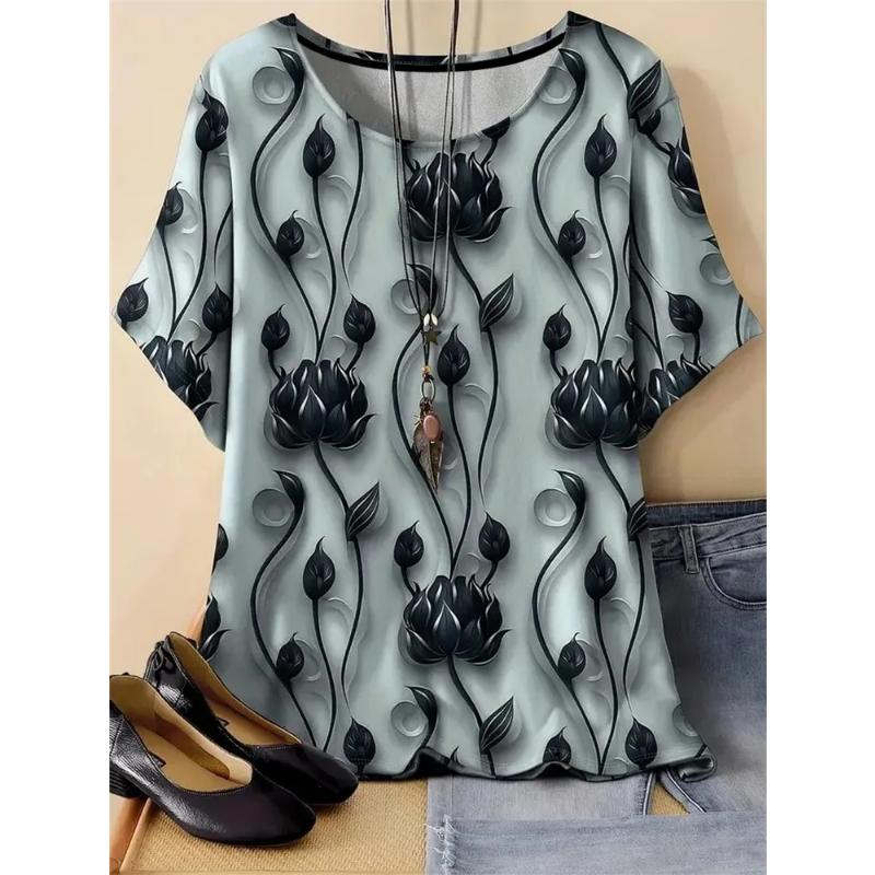 

Fashion Women s Crew Neck T-Shirt 3D Flower Color Printing Flower Short Sleeve Crew Neck Short Sleeve 6XL
