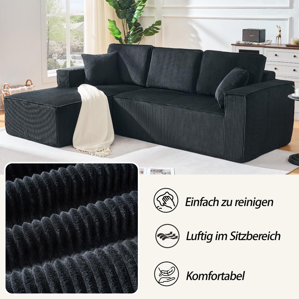 Fully Compressed L-shaped Corduroy Sofa, 2-person Seating Group + Chaise Longue Corner, Soft High-density Foam Padding, for Living Room, Black