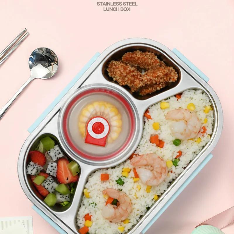 Caja de Almuerzo Aislada de Acero Inoxidable 304 Fiambrera Picnic Almacenamiento Cuatro Compartimentos Caja de Almuerzo Sellada con Recipiente para Sopa LS