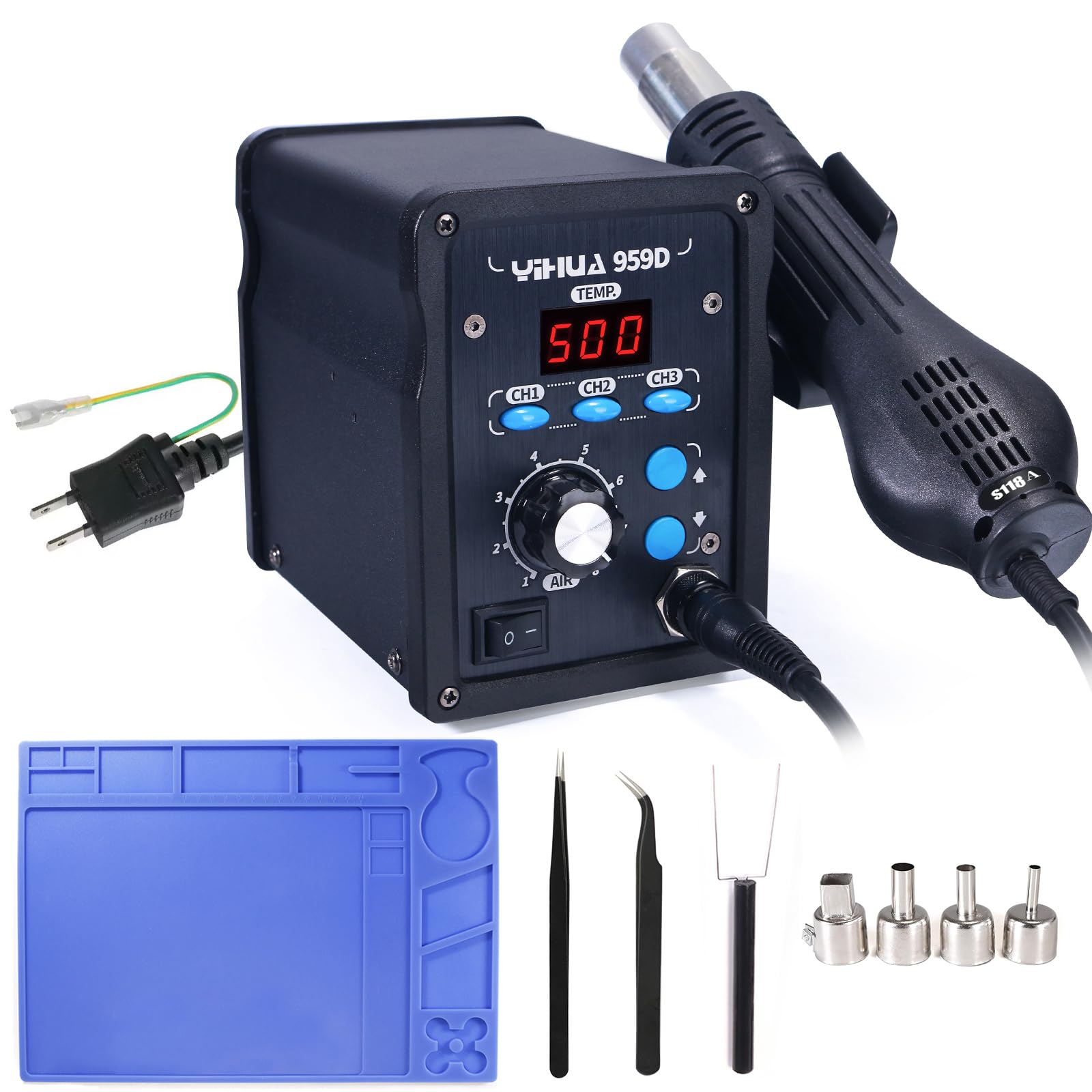

YIHUA 959D Паяльная станция Термофен с контролем температуры PSE Японская инструкция Быстрый малошумный пистолет, (100°C - 500°C), Сертифицированный, Включено,
