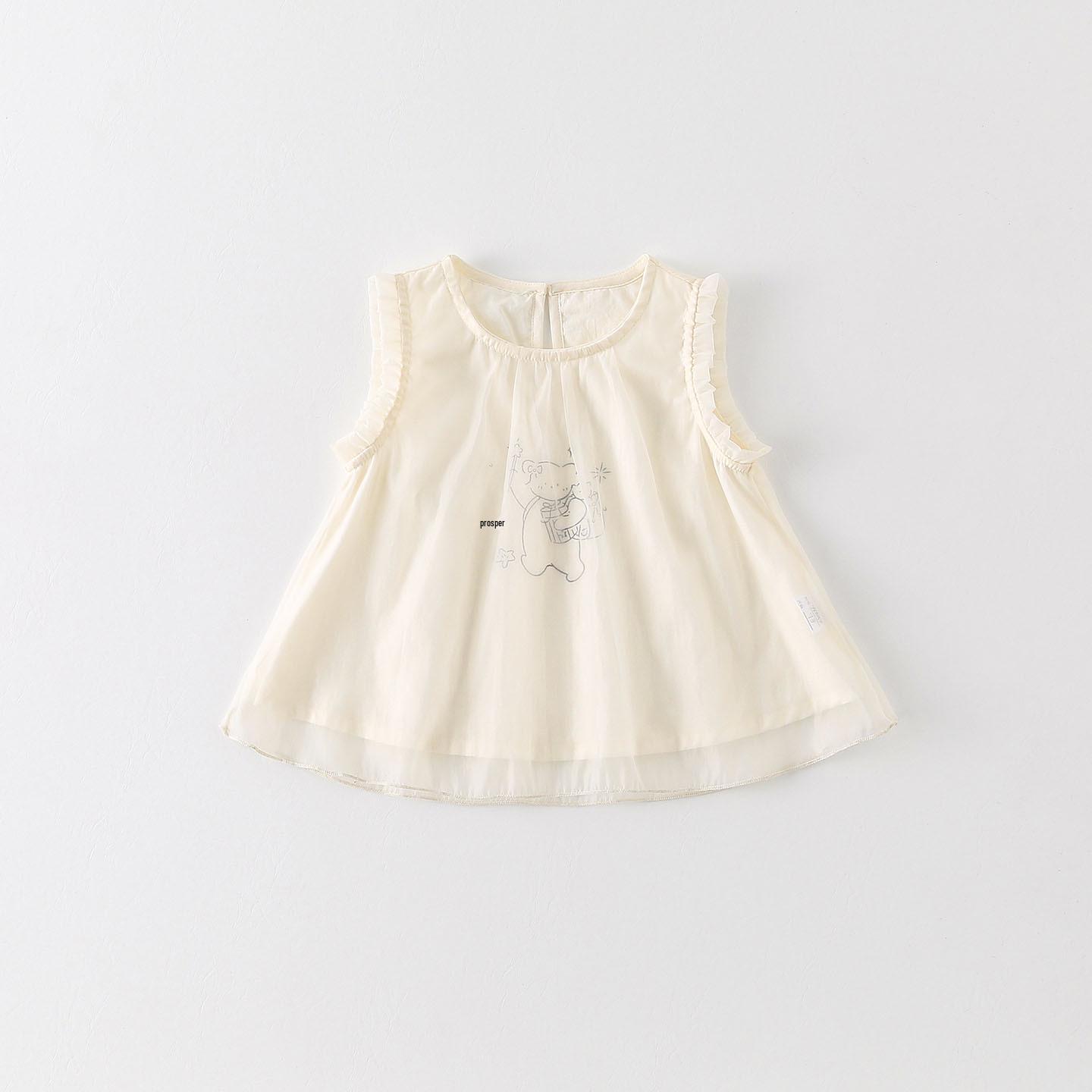 2026 Infant Sleeveless Mesh Cartoon Print T-Shirt - Korean Style Summer Doll Shirt for Girls, Class A