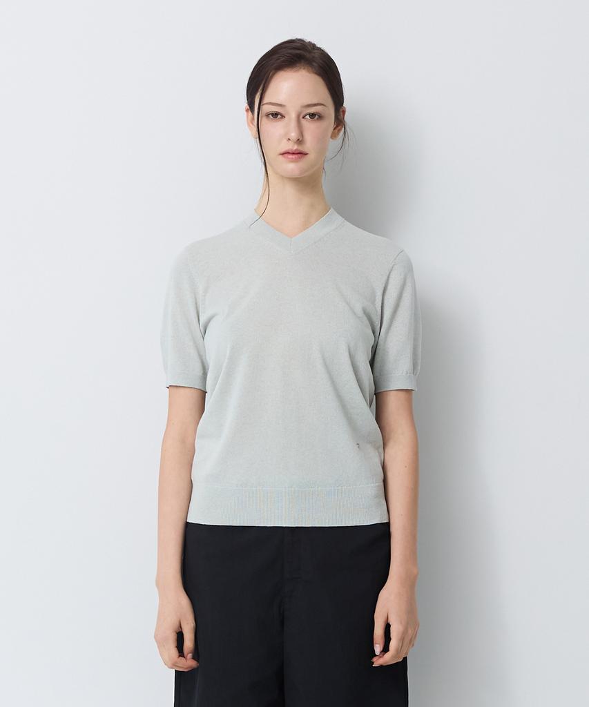 SHINE ON YOU Linen Cotton V-Neck Short Sleeve Knit - Cloud Mist