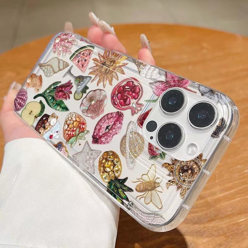 Beaded Pomegranate Sun Phone Case For iPhone 16 17 15 14 13 12 Mini 11 Pro Max 16E X XR 7 8 15 16 Plus SE2 Clear Soft TPU Cover