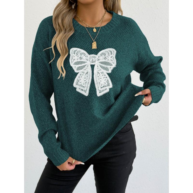Autumn Winter New Round Neck Pullover Top Base Shirt Embroidered Lace Butterfly Patchwork Knitted Sweater