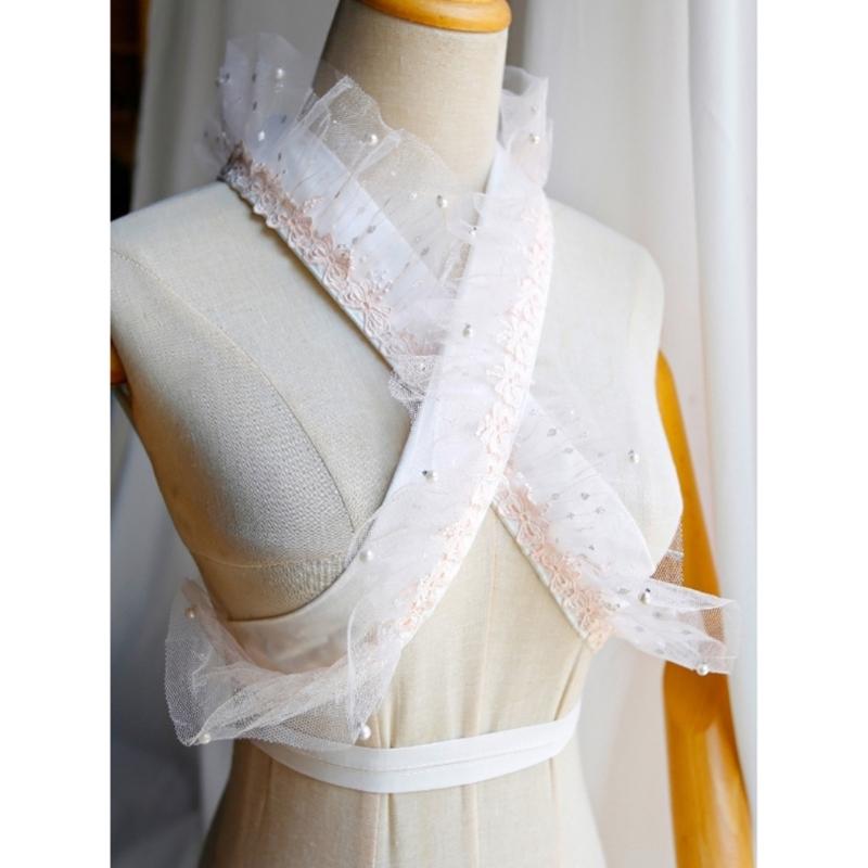 Elegant Kimono Collar Accessory Ruffled Lace Pearls Beaded Japanese Dress Core Collar Lining Kimono Belt for Womens Robe
