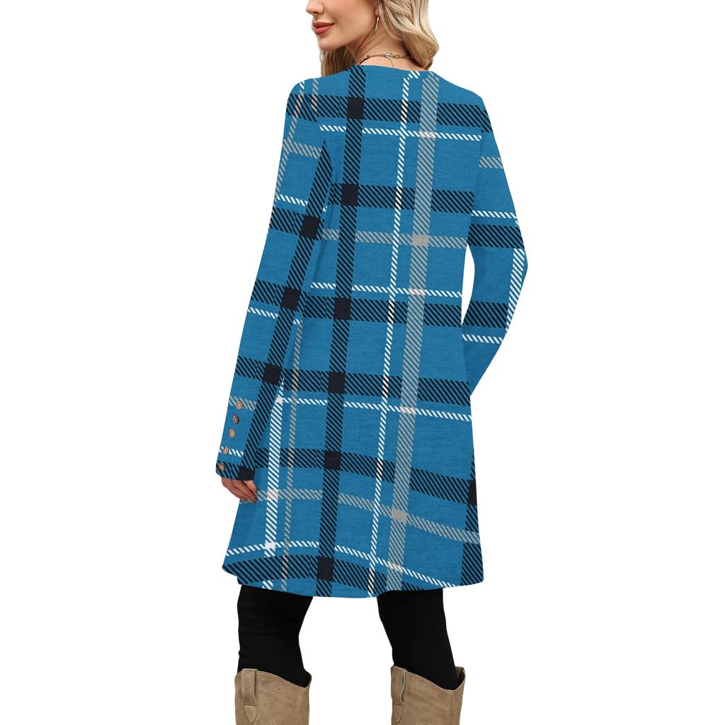 Rochie Casual de Damă la Modă Cu Buzunar, Nasturi Decorativi, Gât Rotund și Mâneci Lungi