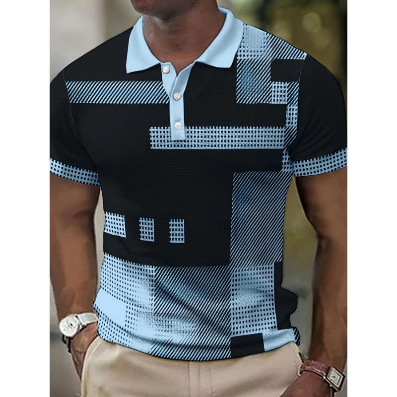 Men s Black White Geometric Print Short Sleeve Polo Shirt With White Collar M синий