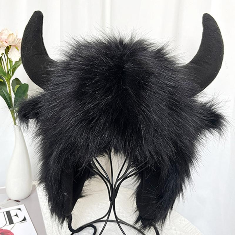 Furry Bull Hat Headwear with Cartoon Horns Halloween Gift Warm Soft Hat
