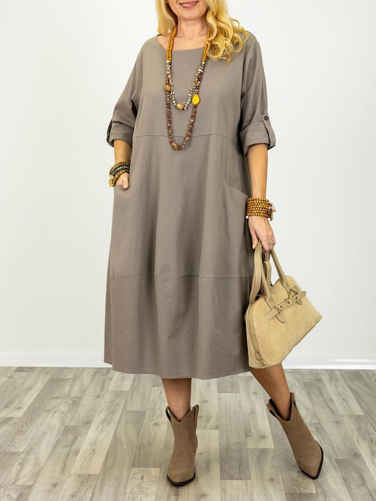European and American cross-border plus-size women's 2026 summer new loose crew neck patchwork five-quarter sleeve solid color women's dress