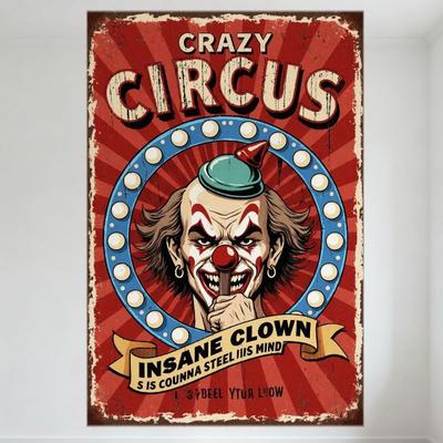 Vintage Cirkus Zlověstný Klaun Kovový Plechový Značka, Opotřebovaný 'ŠÍLENÝ CIRKUS' Retro Karnevalový Plakát pro Bar Kavárnu Domácí Dekorace, Opotřebovaná Červená