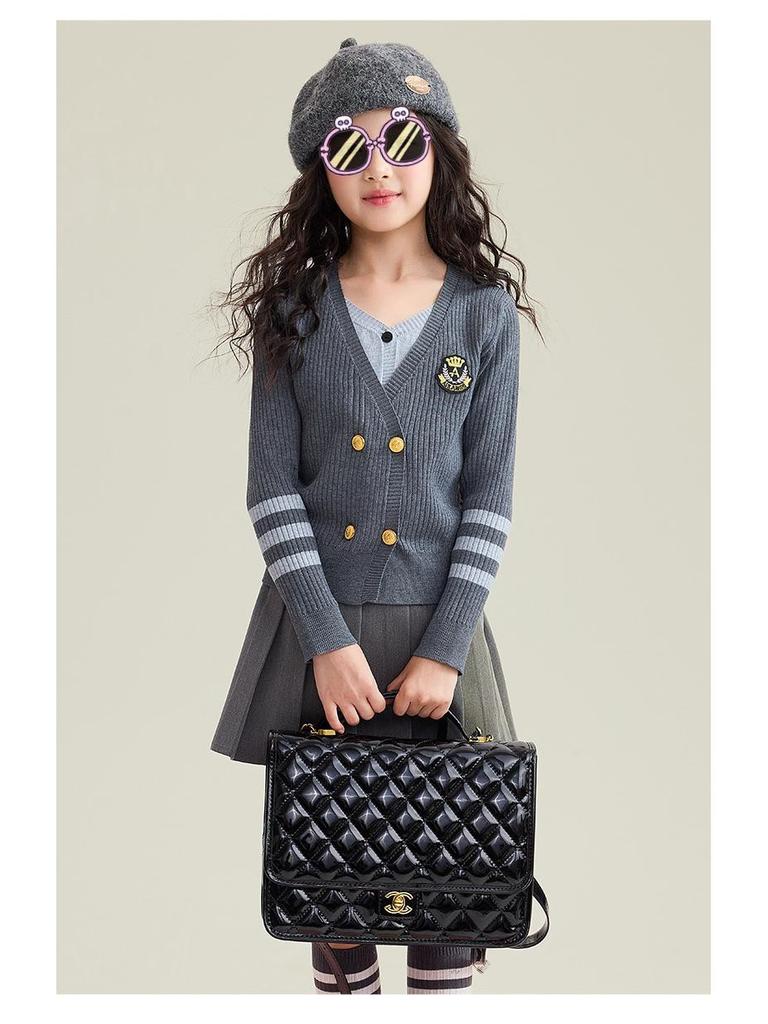 2025 Girls' Academy Style Knit Cardigan with Two-Piece Korean Slimming Skirt Set