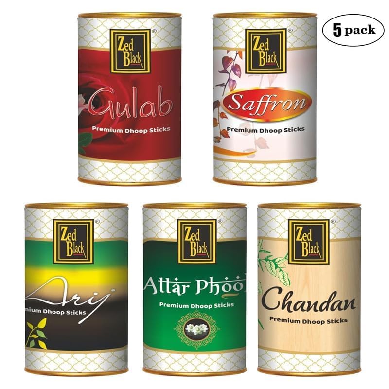 Zed Black Aroma Combo of 5 Dhoop Sticks Tin Set Chandan Gulab Arij Attar Phool Saffron 100 Gm Each (45 Units, Set of 5)