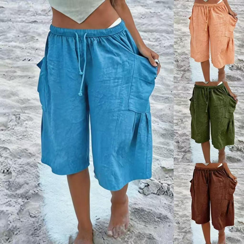 Summer Women's Linen Blend Drawstring Elastic Waist Wide Leg Knee Length Casual Shorts with Pockets