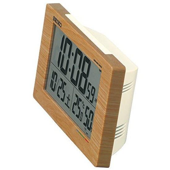 Seiko Clock Alarm Table Natural Radio Digital Calendar Comfort Level Temperature Humidity Display Light Brown Wood Grain SQ784A