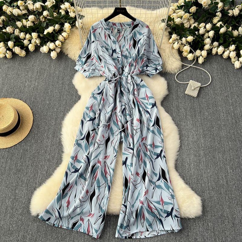 

INS Vacation Wear Women Fashion Fancy High Waist Slim Looking Elegant Short Sleeve Print Loose Pants Casual Jumpsuit Blue One size