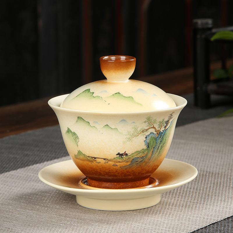 

Retro coarse pottery Sancai cover bowl Japanese ceramic kung fu tea set single tea bowl large hand-painted firewood tea cup