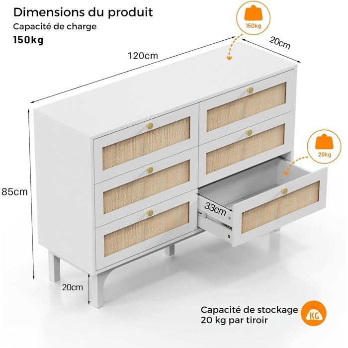 6-Drawer Rattan Chest of Drawers, Storage Furniture, Bedroom Chest of Drawers with Drawers, 120 X 40 X 85 Cm White