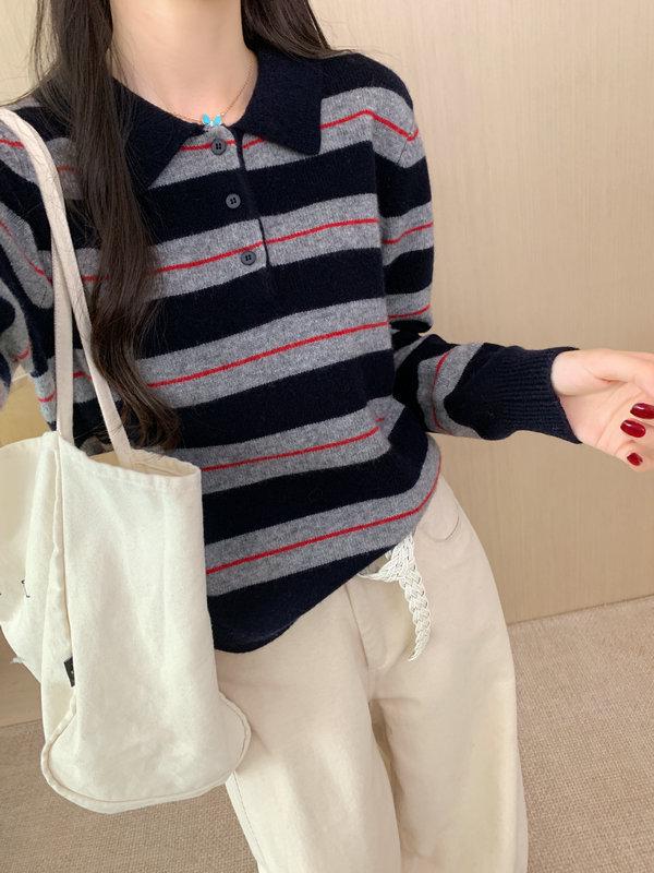 Autumn-Winter Wool Polo Collar Striped Sweater for Women