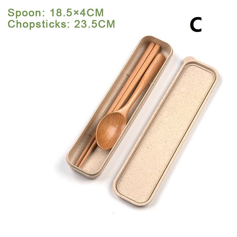 1 Set Handmade Natural Wooden Dinner Kit with Spoon Fork Chopsticks - Kitchen Accessories Storage Box