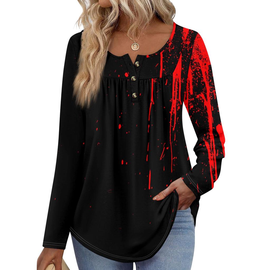 Dam Tunika Långärmad Lös Toppar Casual Oversized Toppar Plisserad Tunika Knäppning Casual Dam Tryckta Toppar