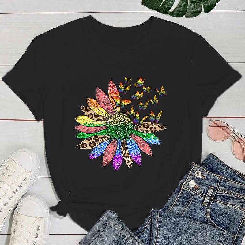 (Premium T-shirt)Funny Lgbt Sunflower Butterfly Print T-Shirts For Women Summer Round Neck Tee Shirt Femme Fashion Casual Top