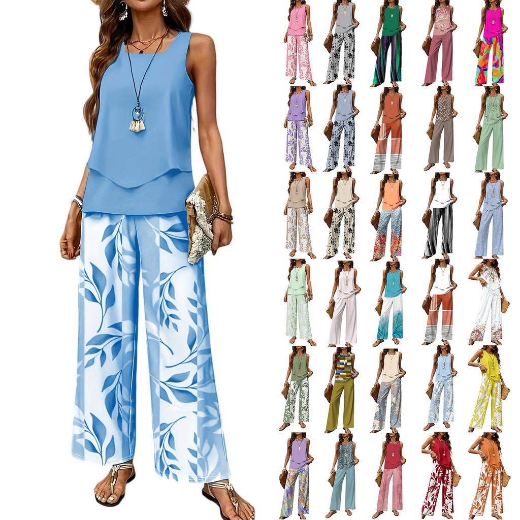 Dámský dvoudílný letní volný bez rukávů dvouvrstvý top vesta, ležérní kalhoty dovolenkový set