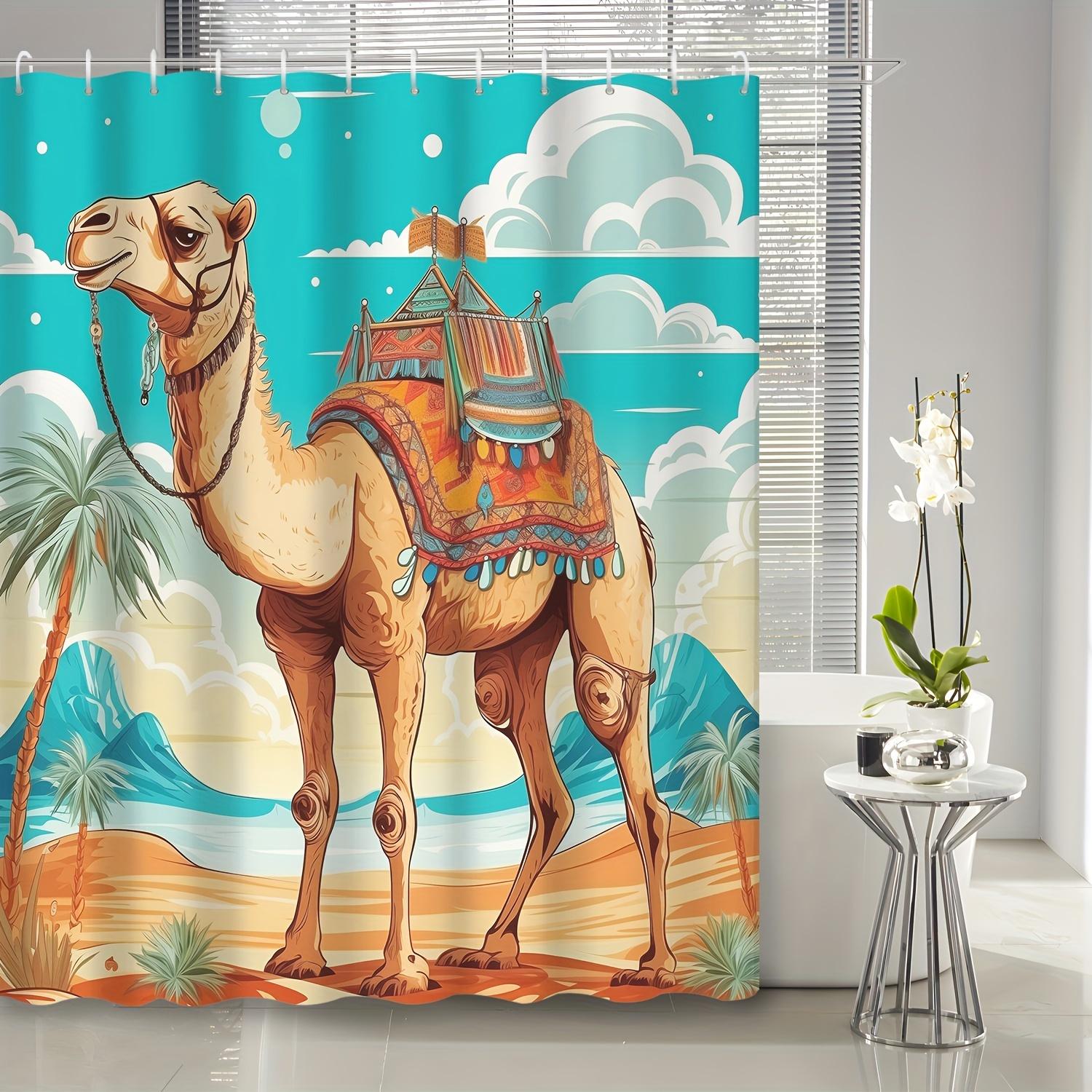 

1 шт. мультяшная шторка для душа в ванную комнату с изображением пустынного верблюда и пальмы, с 12 крючками для штор для ванной, декор для ванной комнаты, аксессуар для ванной 90x180cm35x71in