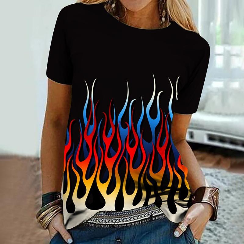 Maglietta Stampa 3D Fiamma Colorata Estiva Donna Vintage Streetwear Manica Corta Magliette Y2k Top T-shirt Harajuku Abbigliamento Oversize