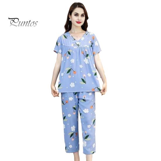 

Женский хлопковый пижамный комплект с коротким рукавом и длинными штанами, повседневный комплект из двух предметов для сна, летняя тонкая домашняя одежда больших размеров для пожилых мам 5XL синий