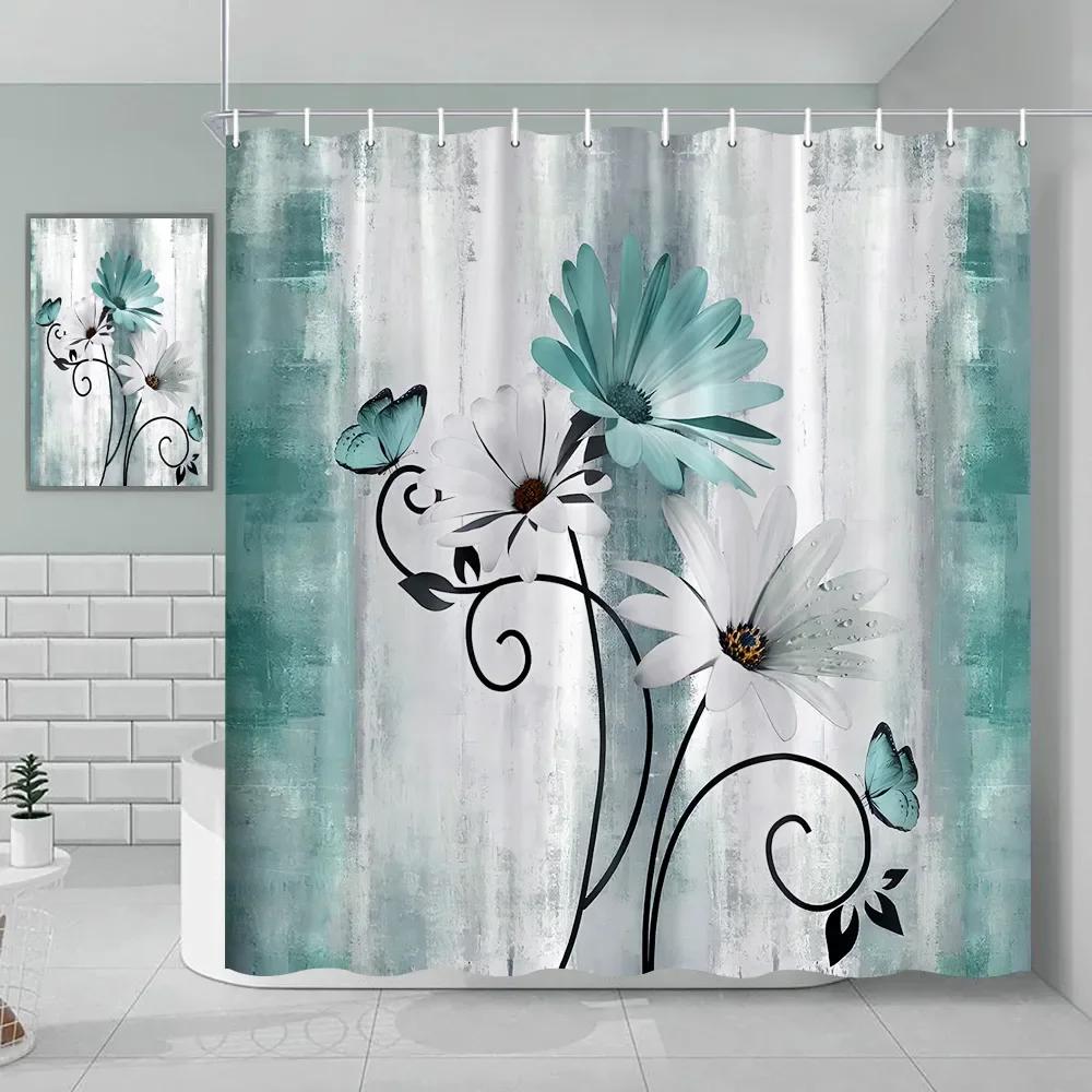 Watercolor Floral Shower Curtain Wooden Butterfly Daisy Rustic Blue Flower Farmhouse Wooden Vintage Farm Bathroom Decoration