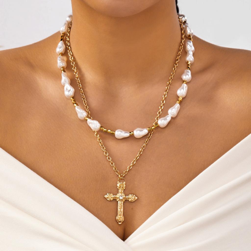 

Vintage Geometric Pearl Choker Necklace With Multilayer Design For Women Cross