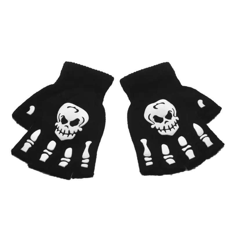 Luminous Halloween Skeleton Skull Gloves Punk Half Finger Gloves Winter Unisex Skull Fingerless Knitted Mitten Glow in The Dark