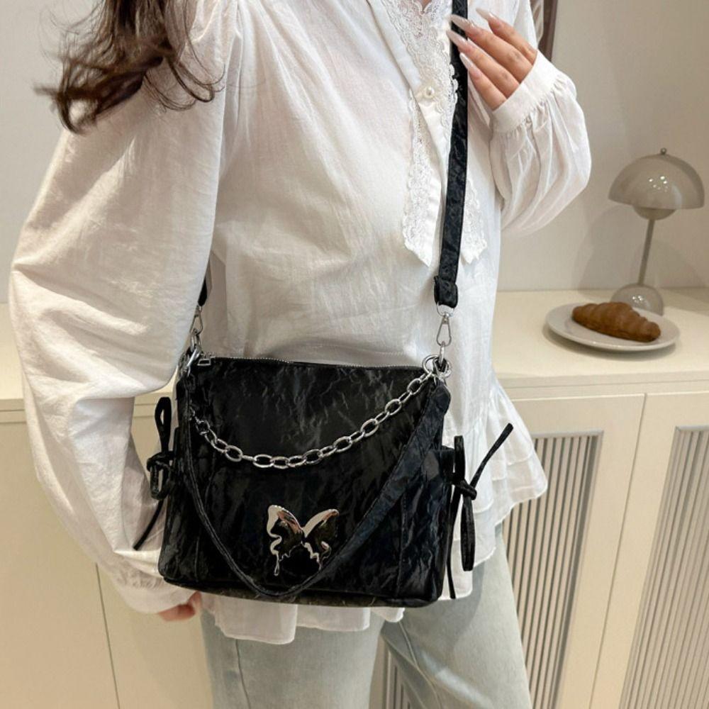Metal Chain Drawstring Shoulder Bag Pearls Chain Girls Crossbody Bag Work