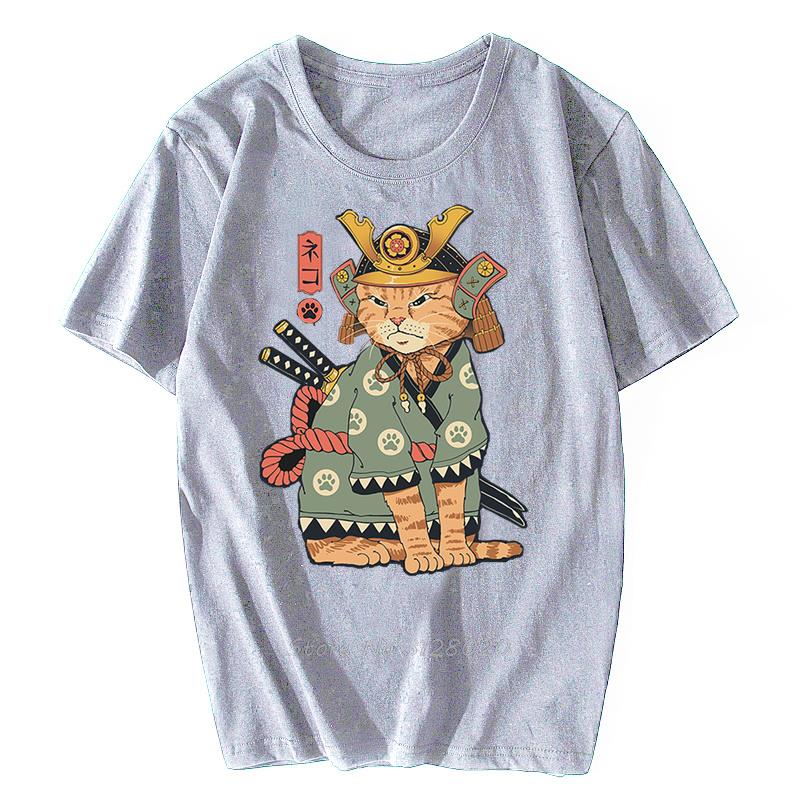 Anime Samurai Cat T Shirt Men Japanese Ukiyo-E Ninja Cat Print T-Shirt Mens Casual Tshirt Male Fashion Streetwear Harajuku Tees