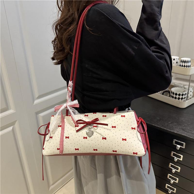 Korean Version Ins Bow Baguette Bag Casual Versatile Fashion Polka Dot Shoulder Bag Portable Commuter Bag Underarm Bag Women