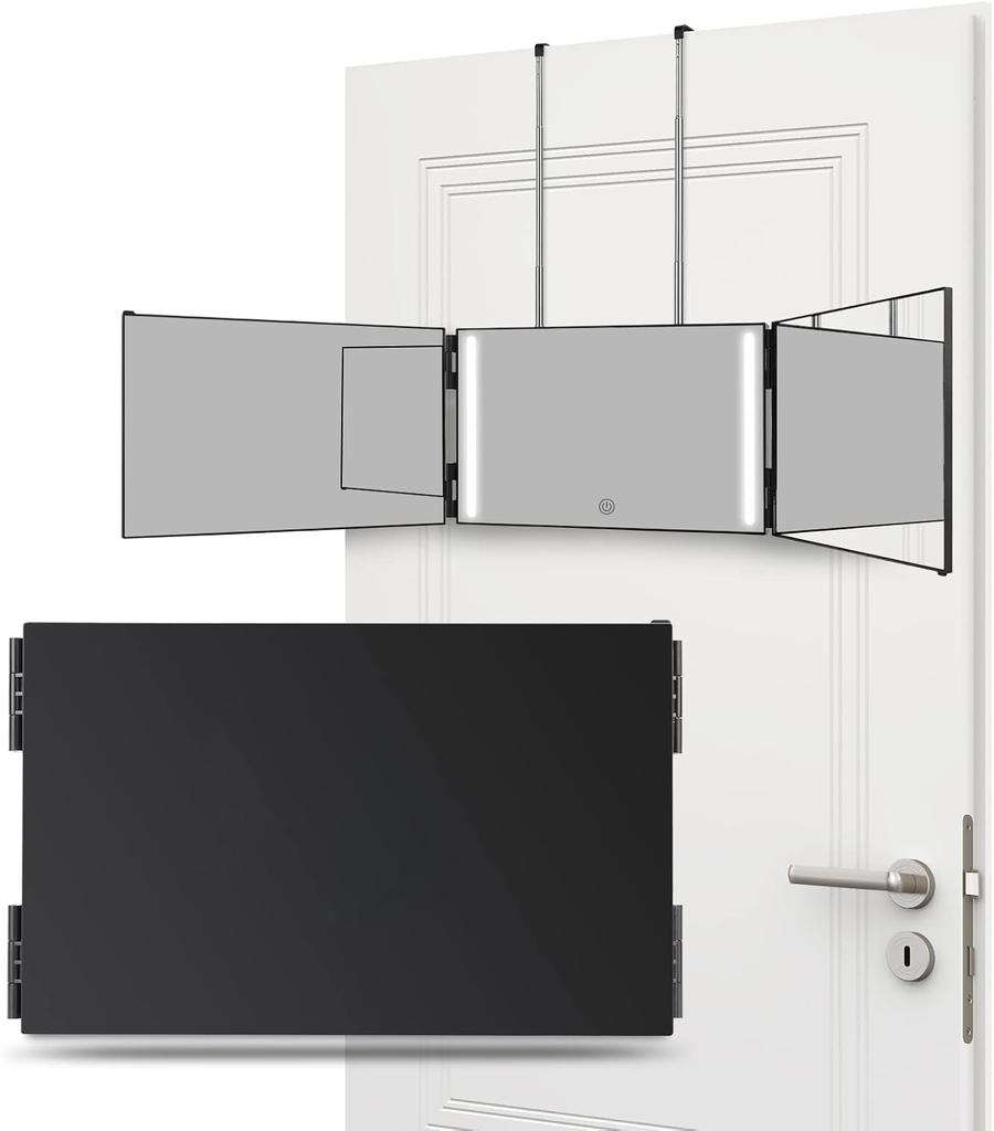 LED ČERNÉ Trojité zrcátko pro samostříhání vlasů s nastavitelnou výškou 3 způsoby zrcadlo pro samostříhání vlasů HD sklo 3 směrné zrcadlo přenosné