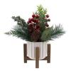 11" Artificial Christmas Tabletop Tree Red Berries Pine White Ceramic Planter Wooden Stand Holiday Home Decoration Indoor Use
