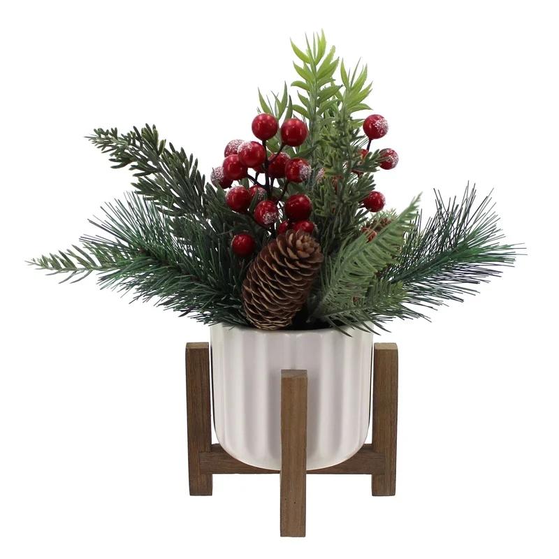 11" Artificial Christmas Tabletop Tree Red Berries Pine White Ceramic Planter Wooden Stand Holiday Home Decoration Indoor Use