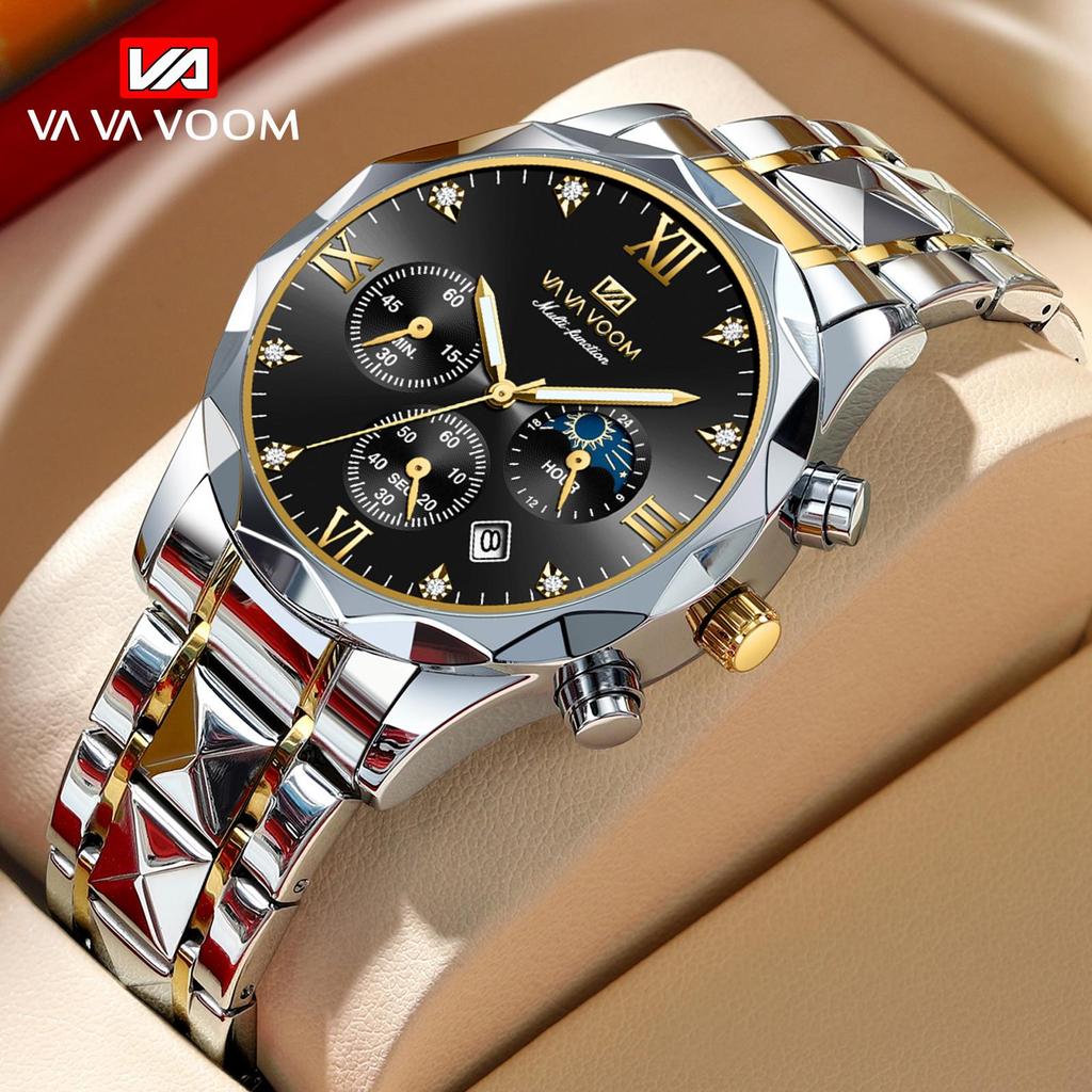 VA VA VOOM Quartz Watch Men Top Brand High Quality Stainless Steel 30M Waterproof Luminous Date Week Sports Business Wristwatches Women Quartz Watch