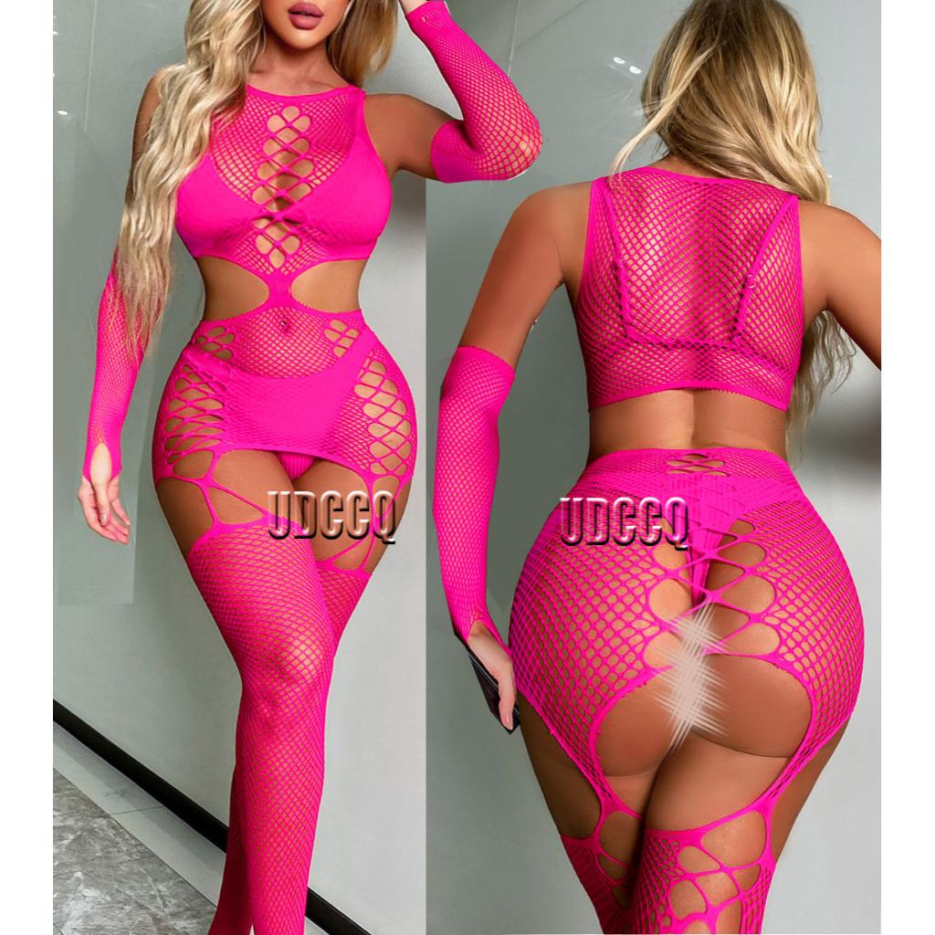 Sexy Crochet Fishnet Cosplay Lingerie Babydoll Underwear Costumes Chemises Teddies Sleepwear Hoot Sexy Dress Fluorescent Pink
