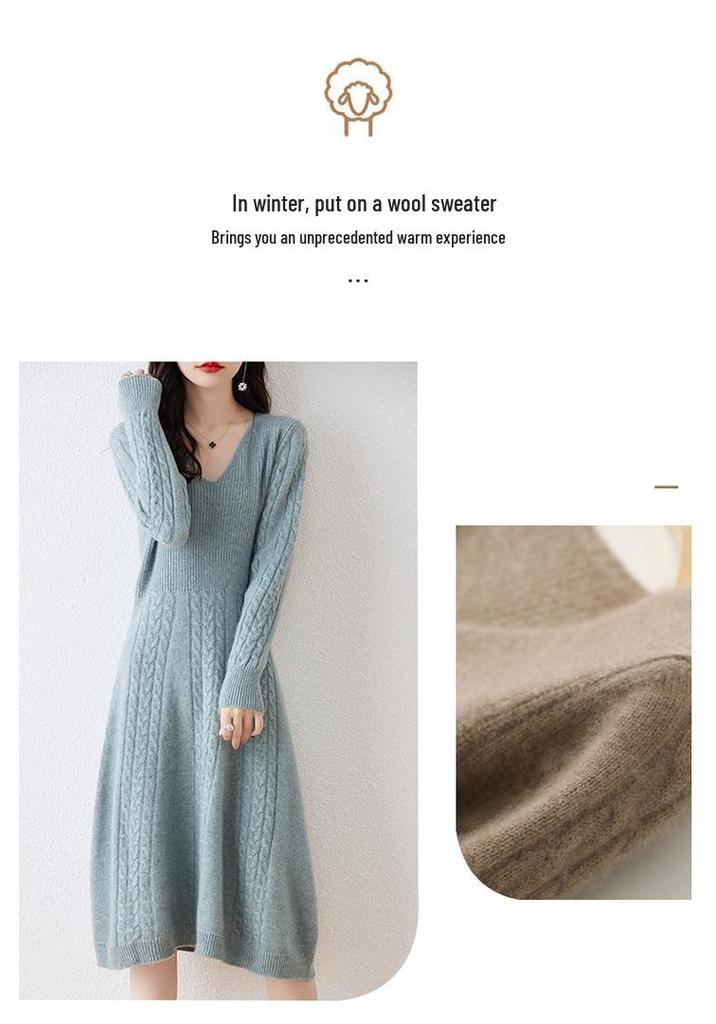 Women's Mid-Length V-Neck Wool Dress - Autumn/Winter Cashmere Over-the-Knee Sweater with Slimming Base Layer