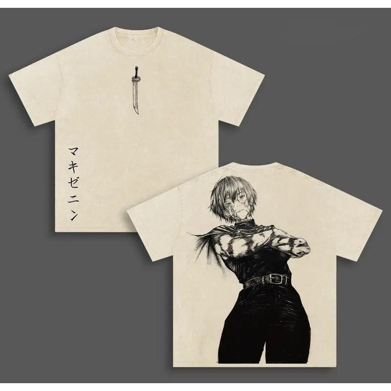 Zenin Maki Printed Tee Anime Jujutsu Kaisen Clothing Men Women Retro Washed T-shirts Oversized Tshirt Harajuku Cotton T Shirt S бежевый
