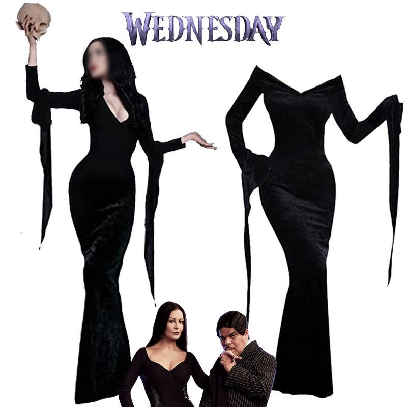 Wednesday Morticia Addams Dress Onepiece Cosplay Costumes For Adults Halloween Party